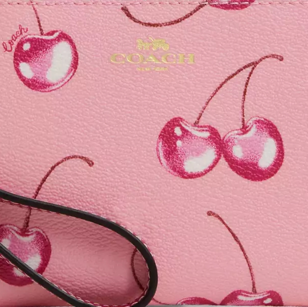 Coach Corner Zip Wristlet with Cherry Print Gold/Flower Pink/Bright Violet - Picture 3 of 7